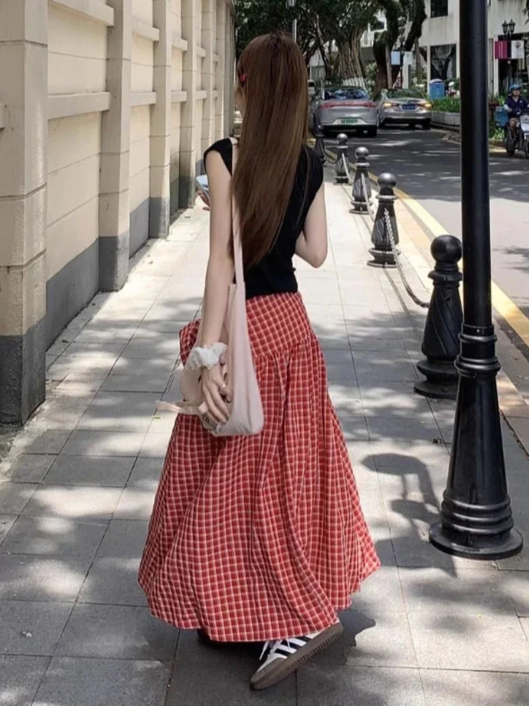 Deeptown Korean Style Red Plaid Skirt Women Vintage Y2k Bow Long Skirt Harajuku Street Fashion Retro Ruffle Skirts Aesthetics