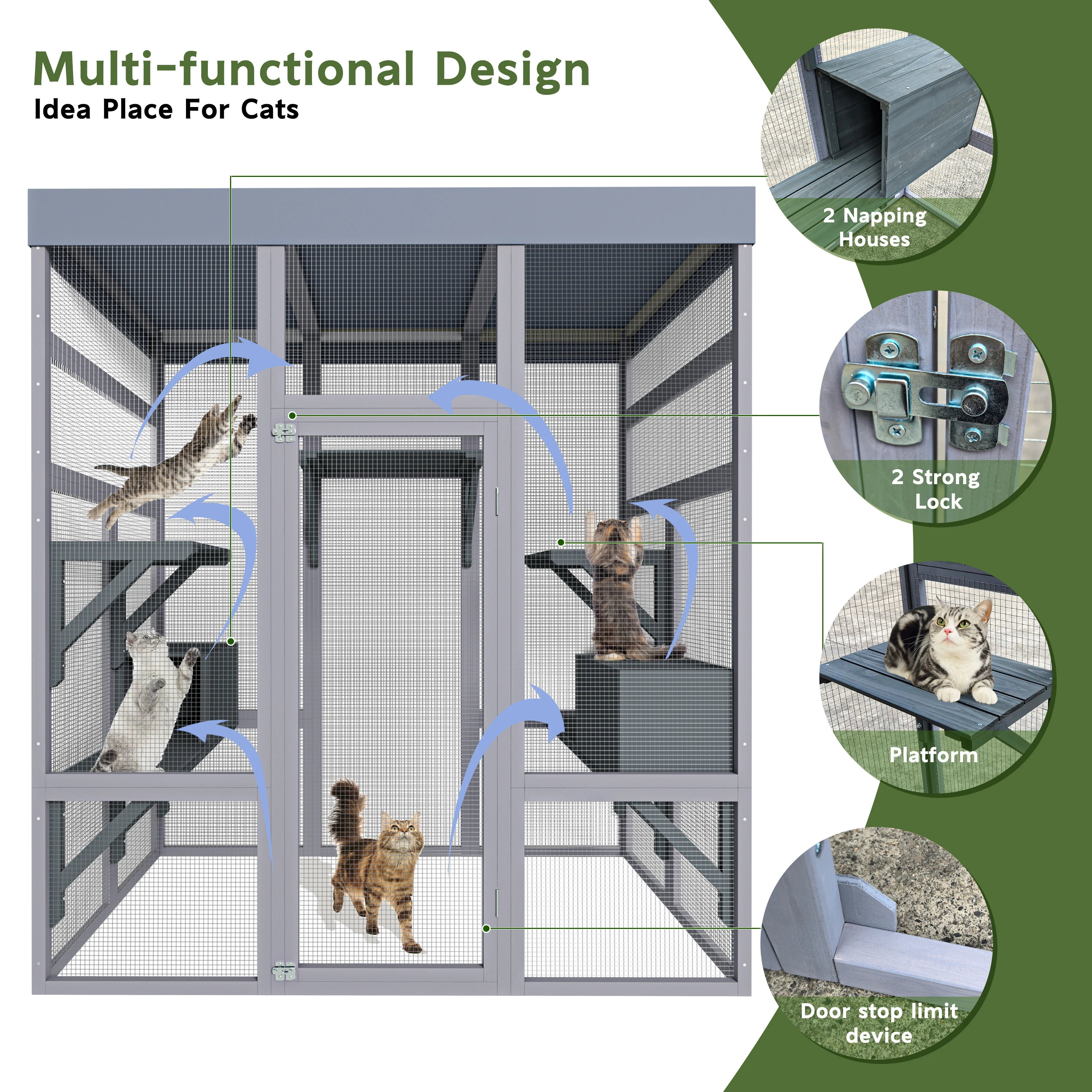 62.6" Wooden Catio for Cats, Large Cat Enclosure with Waterproof cover, 2 Napping House, Platforms & Galvanized Metal Wire – Secure Pet Cage Shelter view 7