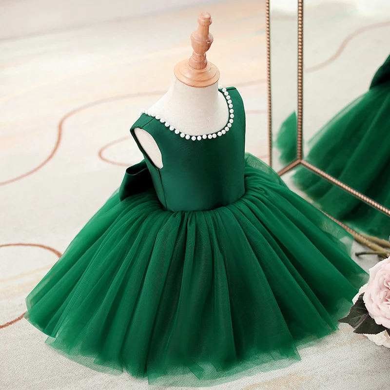 Girl Green Beading Party Princess Dress Kids Sleeveless Tutu Gown Girl Bow Birthday Baptism Pleated Dresses Summer Holiday Wear