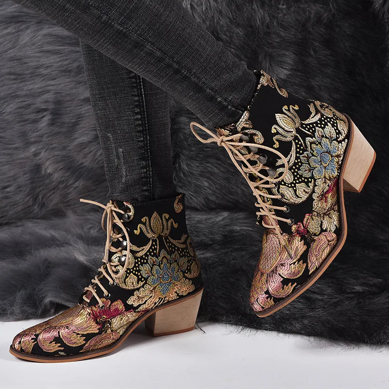 Retro Bohemian Women Ankle Boots Embroider Wedge Booties Vintage Ladies Winter Shoes Woman Pumps 2023 New High Heels Boots