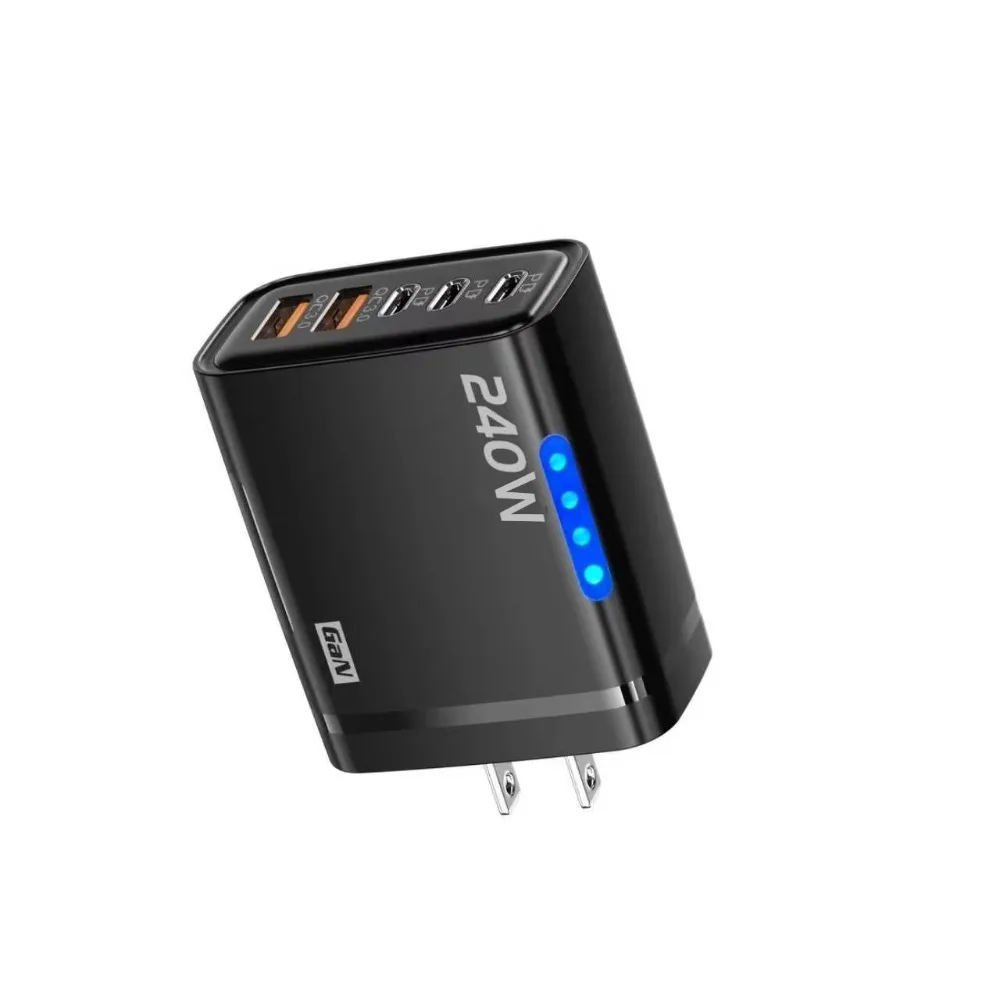 New USB A+C 240W Charger Plug With Light 5 Ports Phone Charger Adapter EU/US PD QC3.0 USB C Charger for iPhone/Xiaomi/Samsung