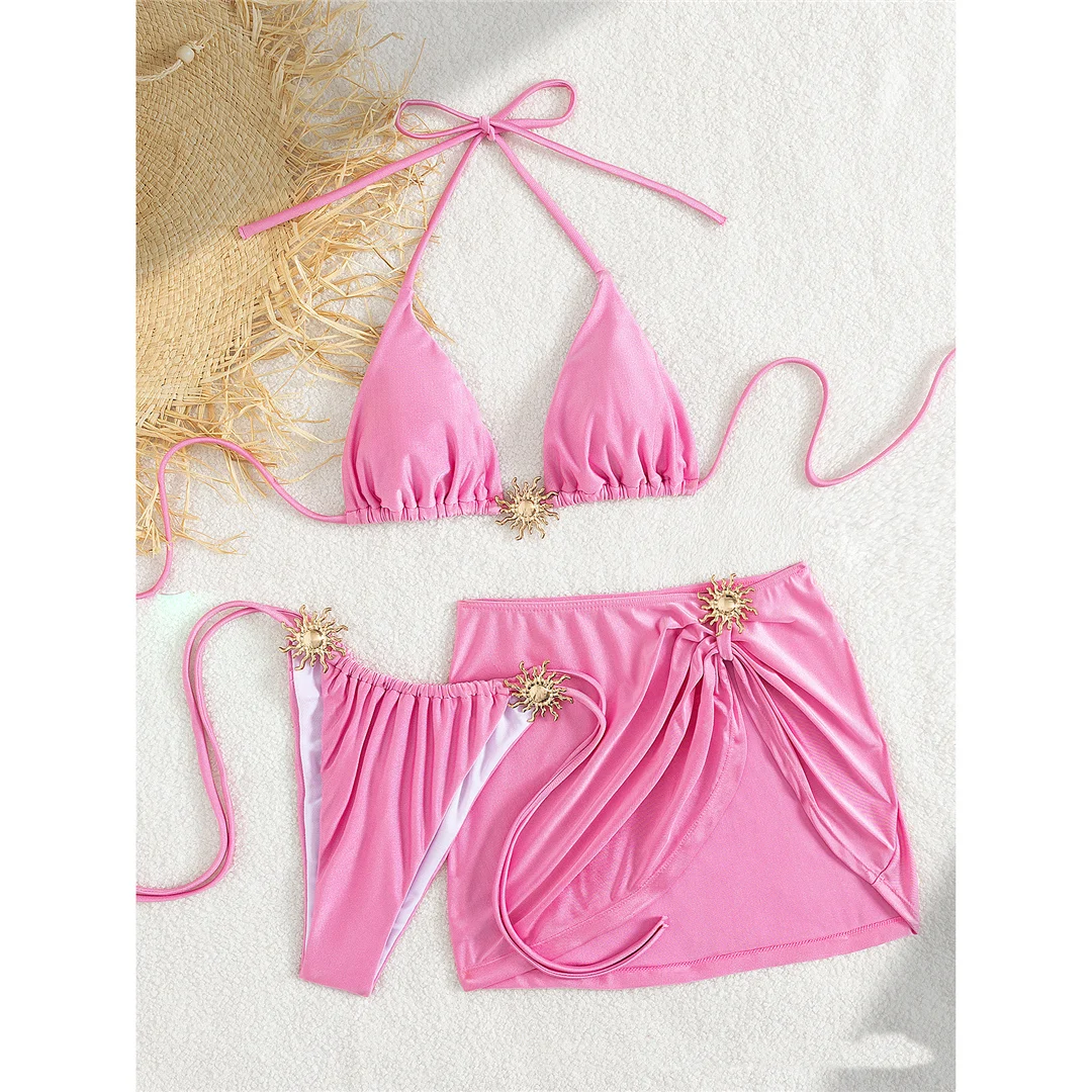 S - XL Neu mit Rock, Neckholder-Bikini, Damen-Badebekleidung, dreiteiliges Bikini-Set, Damen-Badeanzug, gepolsterter Badeanzug, Badebekleidung, Schwimmbekleidung V7266 – Detail 12