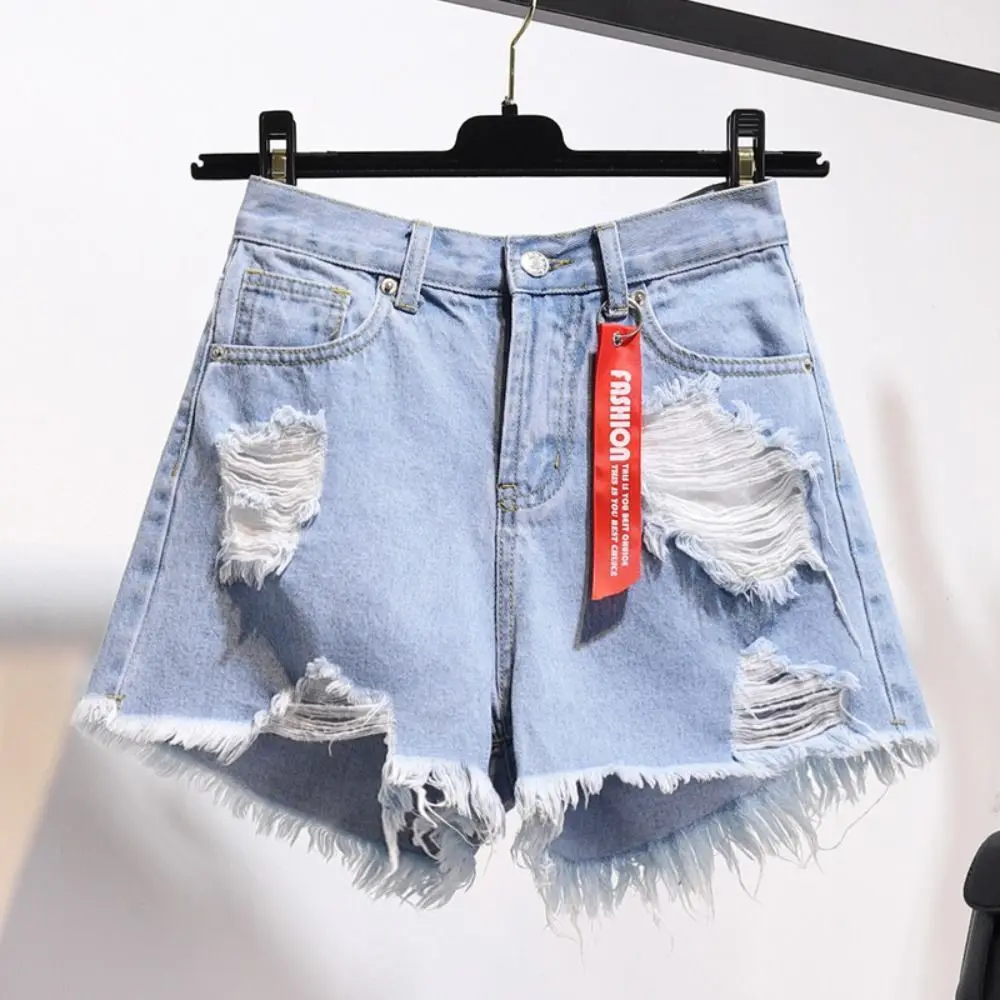 

Casual Ripped Jean Shorts Tassel All-match Denim Shorts Frayed Raw Hem High Waisted Short Pants Women