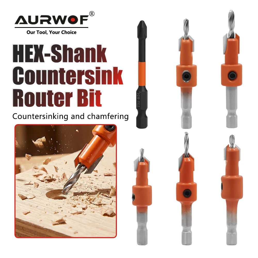 AURWOF 5-6Pcs Countersink Drill Bit Set, 6.35mm Hex Shank Tapered Cone Drill Woodworking Chamfering Tool For Screw Pilot Hole