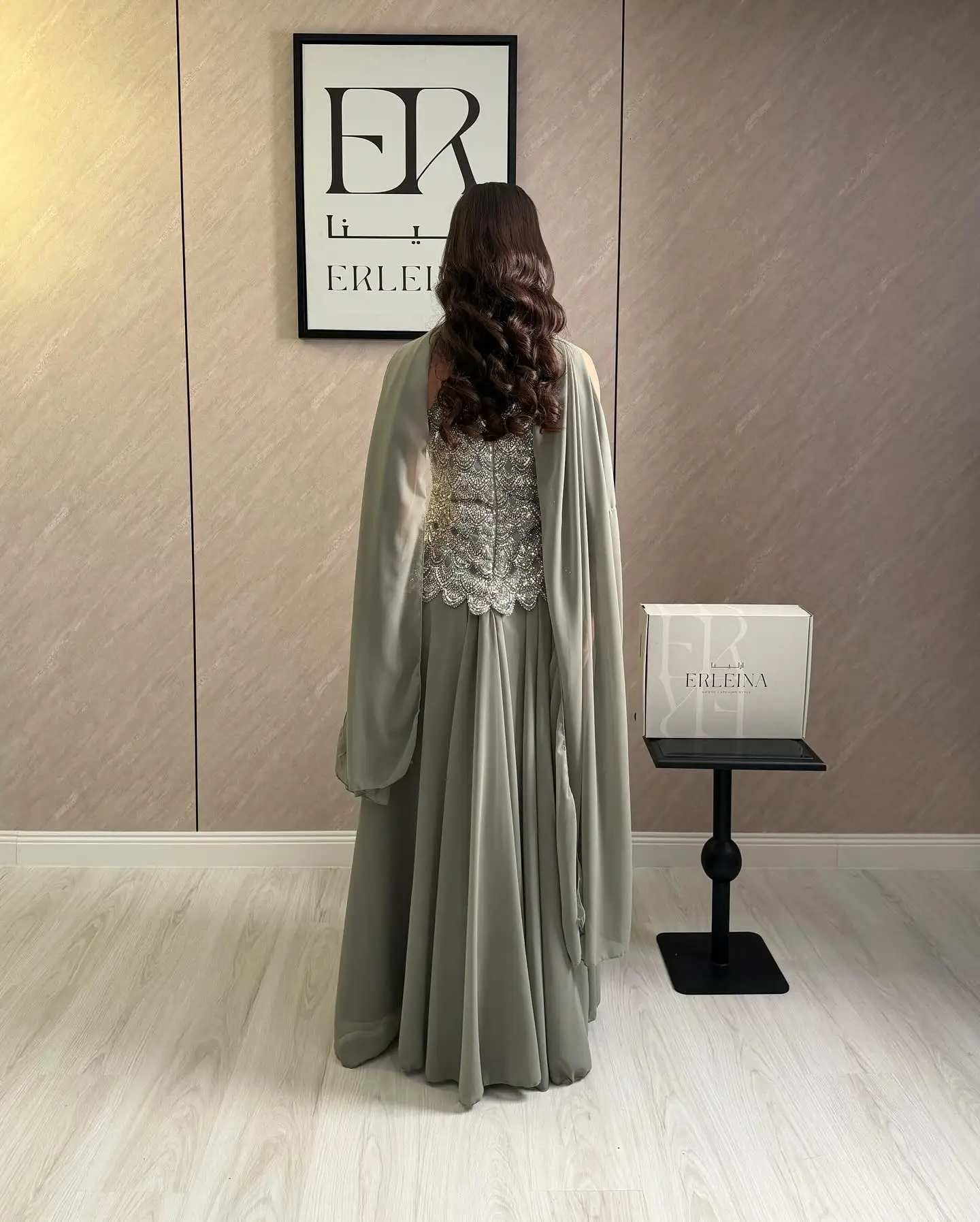 Contessa Custom Classic Evening Dress Strapless Beaded Bodice Robes De Soirée Sage Cape Shawl Bridesmaid Dress Maxi Floor Length image 2