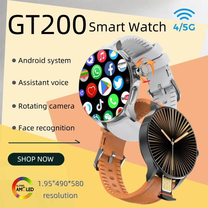 

GT200 новые умные часы для взрослых, разрешение 750*750 HD, сенсорный энкодер, телескопическая вращающаяся камера, Android 10,0, 1,95 дюйма Amoled