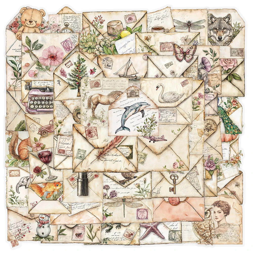 

10/30/50pcs Vintage Envelope Stickers Aesthetic Retro Decals for Scrapbook Water Bottles Laptop PET Cartoon Decoration Sticker