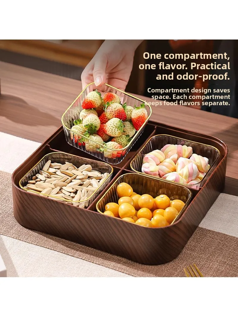 

Creative Style Four Grids Dried Fruit Tray Nut Box for Living Room Home Use High End Elegant Wood Material Plastic