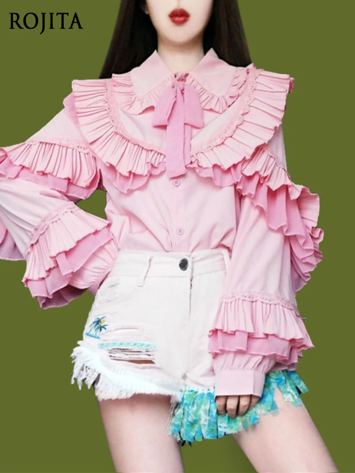 

2025 Spring and Autumn New Multi-layer Ruffle Edge Heavy Industry Long-sleeved Shirt Women's Pleated Splicing Cake Sleeve Tops