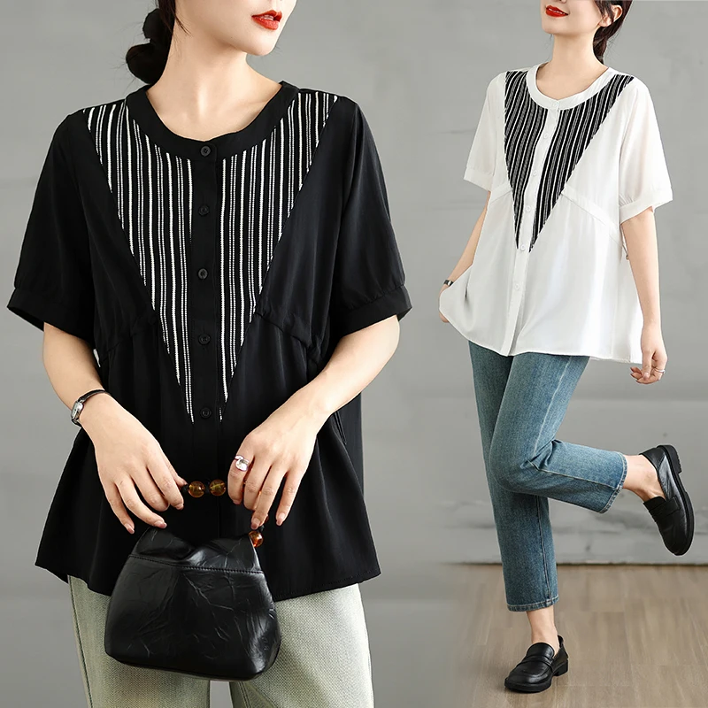 

Новинка лета, большие размеры, полосатый лоскутный топ с затягивающимся талией для похудения, модный ор Све, круглый топ Ne irt, женская одежда