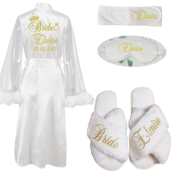 Gepersonaliseerde Naam Date Elegante Bruiloft Veren Gewaad Bruid Bruidsmeisje Badjas Nachtkleding Verjaardag Brial Party Geschenken
