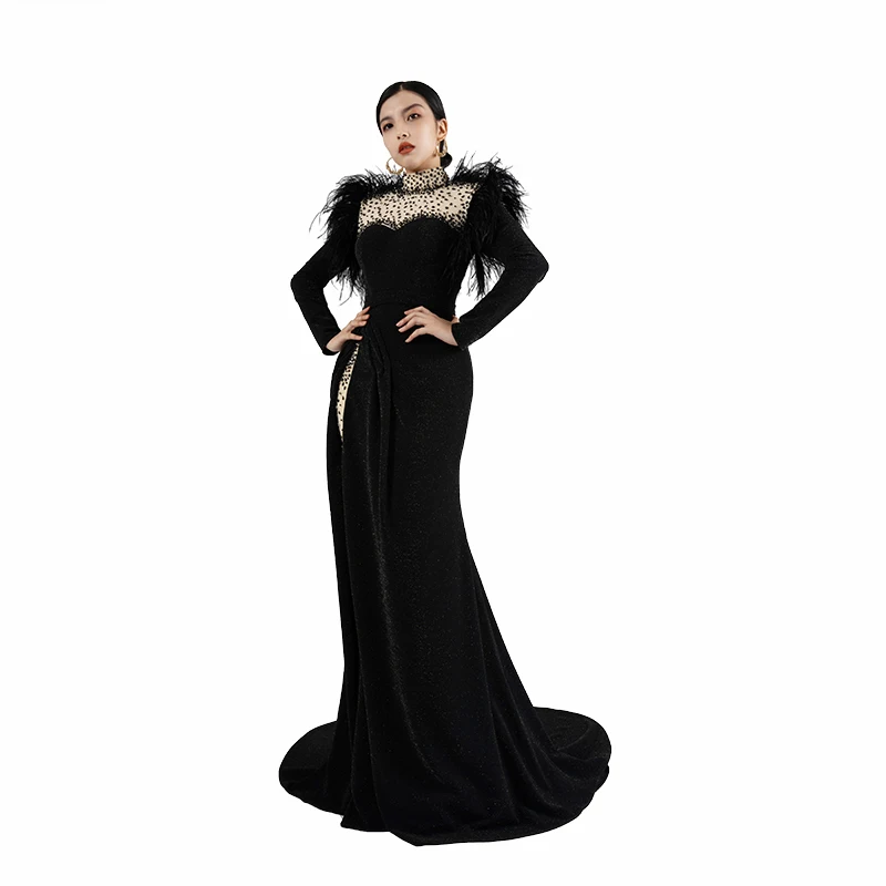 Baisha Customized Black Long Dress Stand-Up Collar Sequin Evening Dresses Feather Party Skirt Female for Formal Occasions H1162