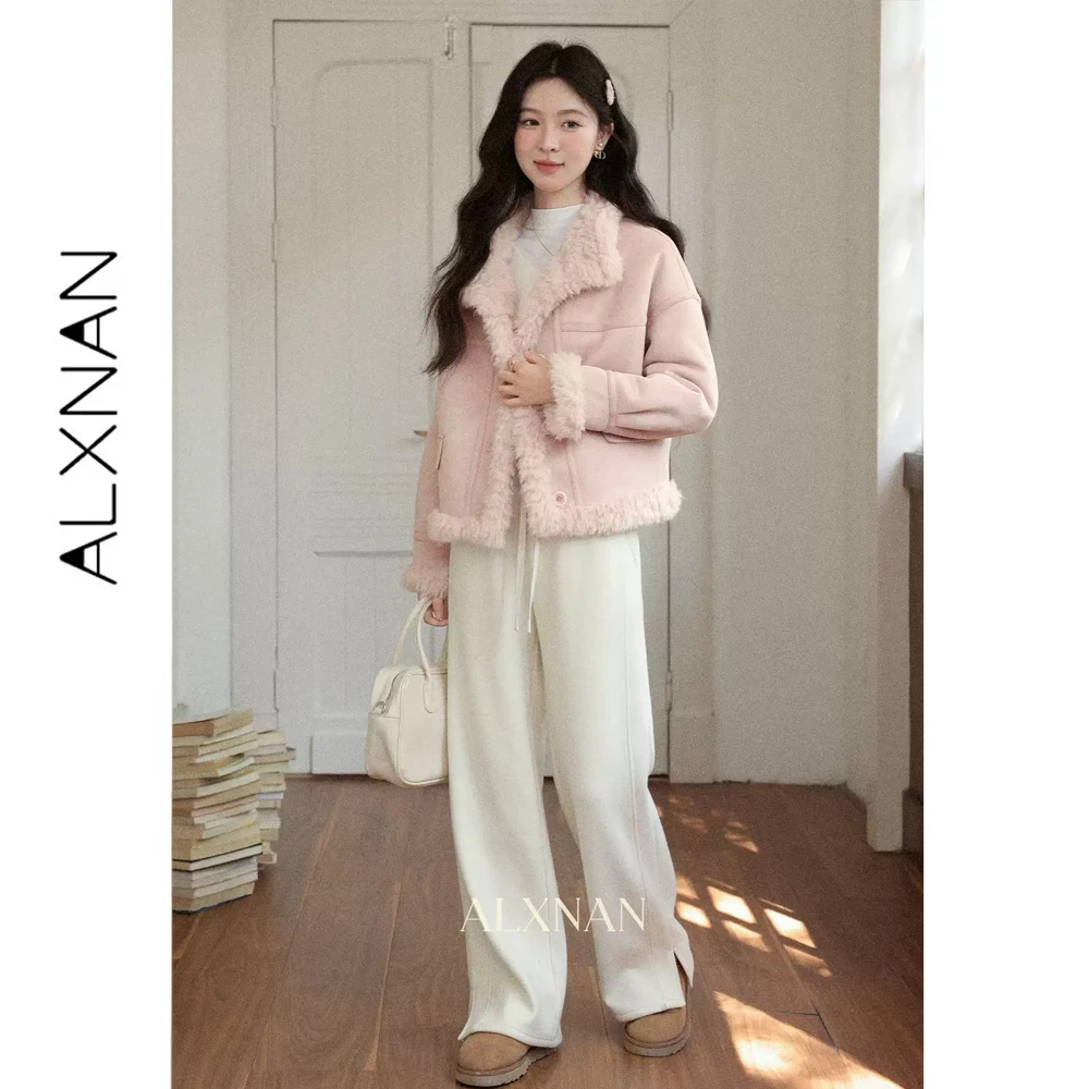 ALXNAN Women's Winter Jacket Pink Fleece Lined Thick Warm Short Jacket Coat 2026 Elegant Casual Fashion Female Outwear L59052