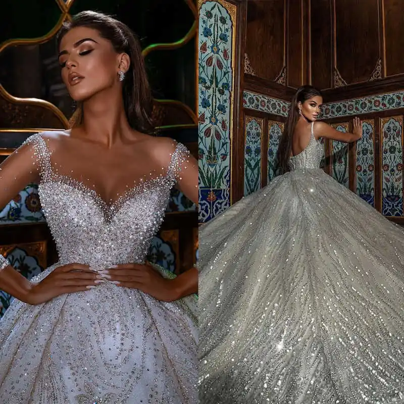 

Luxury Ball Gown Sleeveless V Neck Wedding Dress Sequins Lace Appliques Beads Pearls Bridal Gowns Vestina De Novia Customized