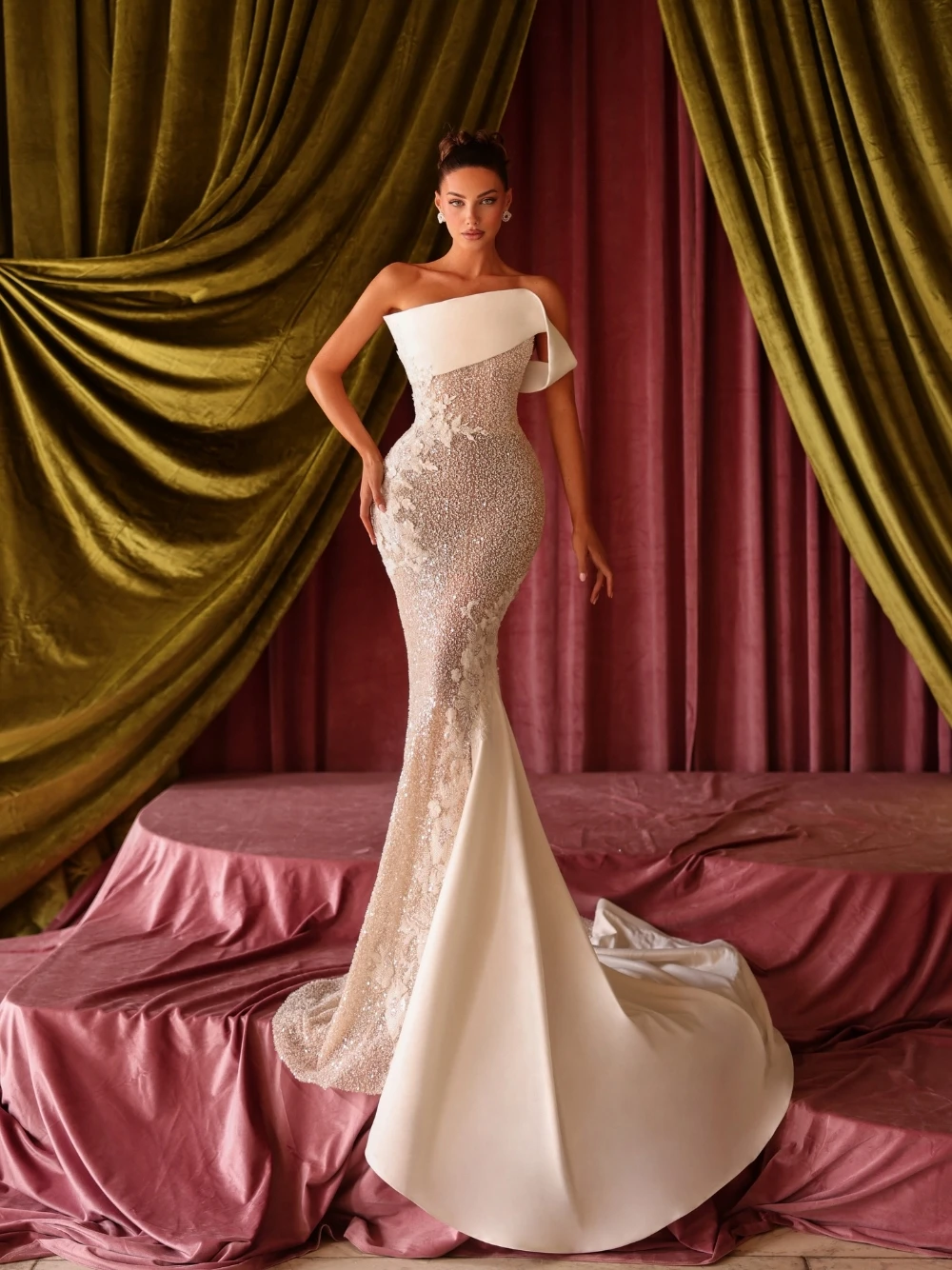 Sexy Bodycon Mermaid Wedding Dress Strapless Fold Over Neck Beaded Lace Bridal Gown Customized Charming Luxury Bride Wear