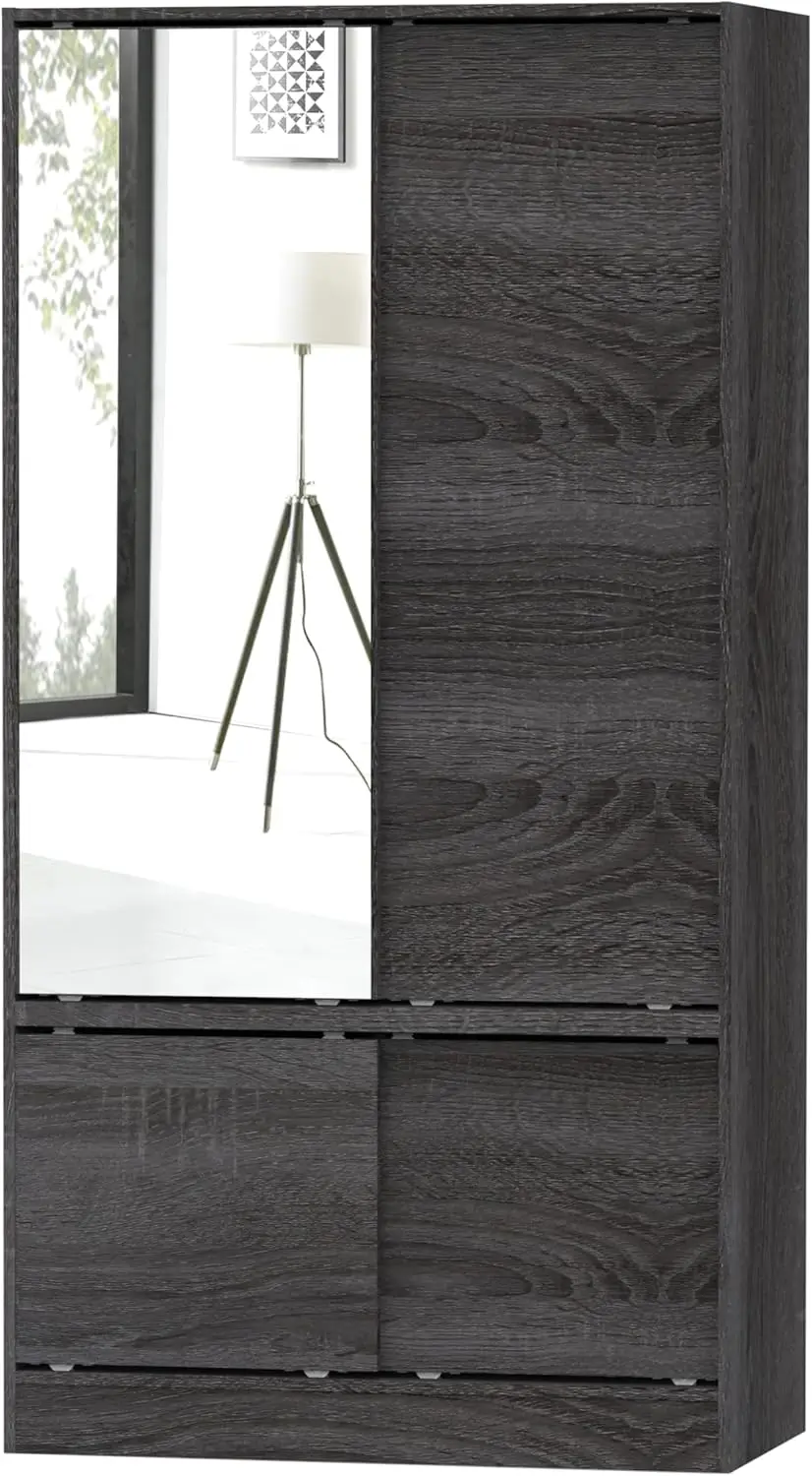 

Charred Oak Wardrobe Organizer Cabinet Sliding Mirror Side Panel | 2 Bottom Cabinets For Storage