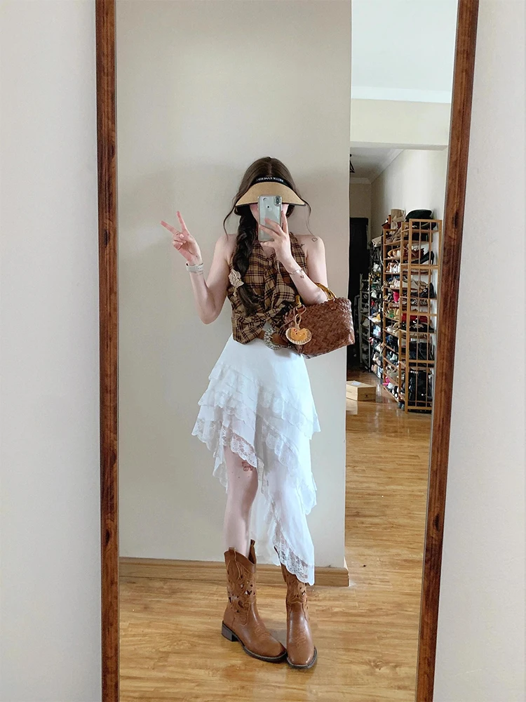 

White Irregular Lace f Skirt Women's Summer New Sweet Design Elastic Waist Midi Skirt Commute Sle High Waist A-Line Skirt