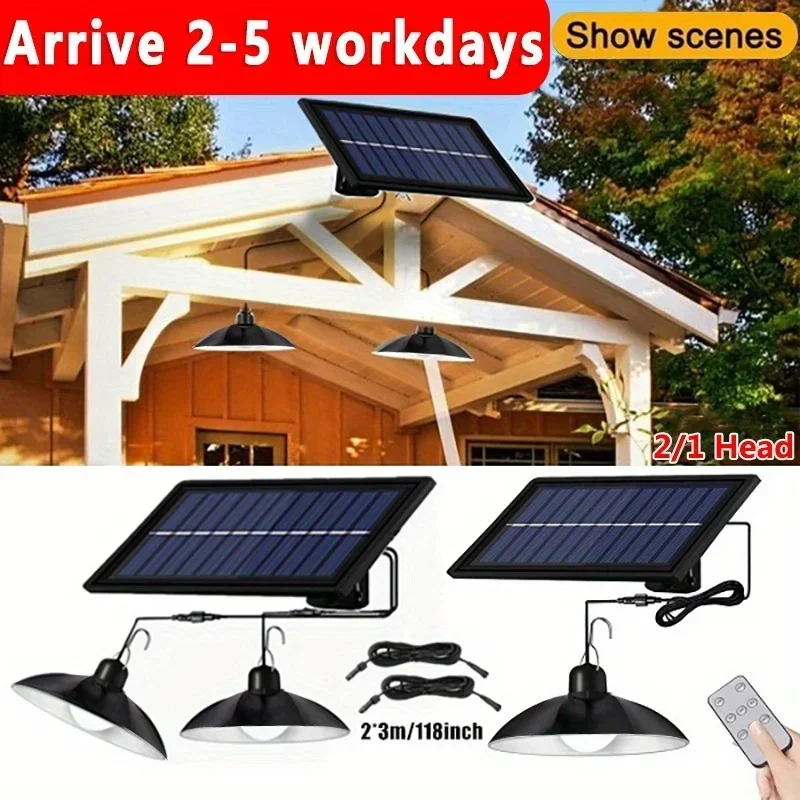 2Pcs solar powered pendant lights, outdoor double headed pendant lights with remote control, indoor decorative light for camping