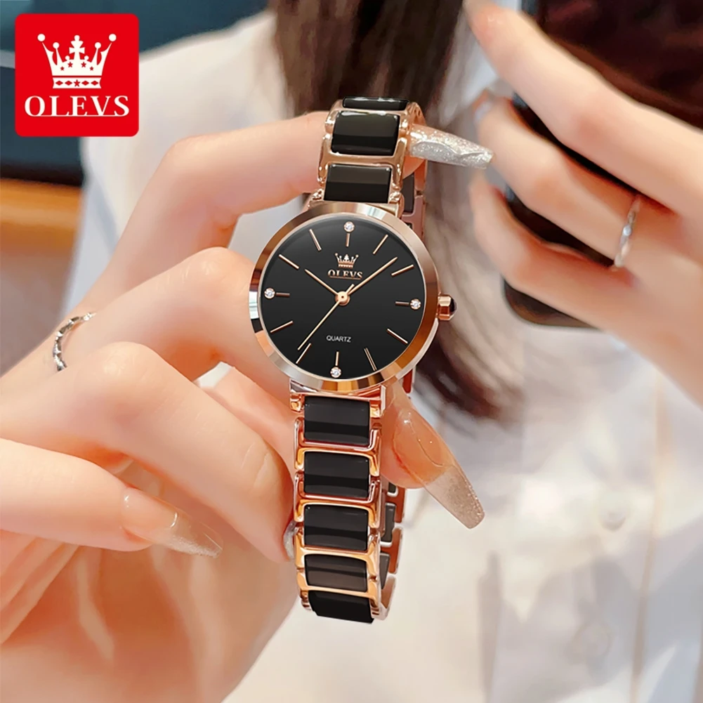 OLEVS Damski Zegarek 5877 Luksusowy Elegancki Zegarek Kwarcowy Wodoodporny Świecący Ceramiczny Pasek Zegarek Damski Zestaw Bransoletka Pudełko Prezentowe Reloj