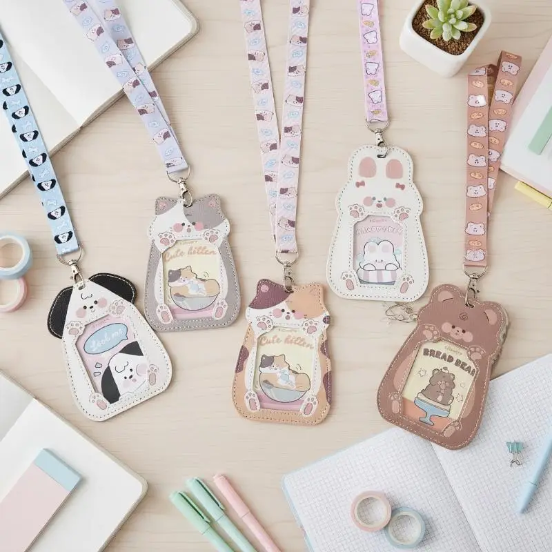 Imaginative Cat Dog 3inch Leather Card Cover & Lanyard for Student ID Tag Neck Strap