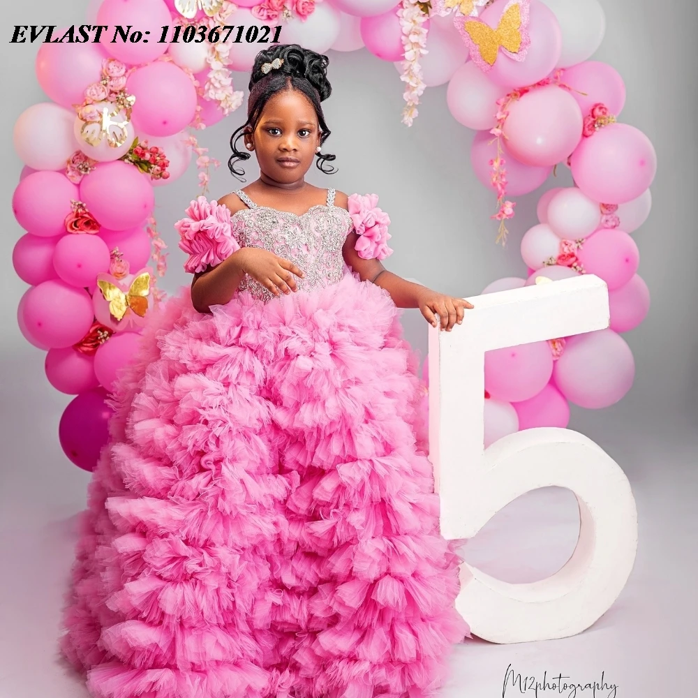 

EVLAST Customized Pink Off Shoulder Flower Girl Dress For Weddings Beaded Applique Little Girls Pageant Birthday Gown FD86