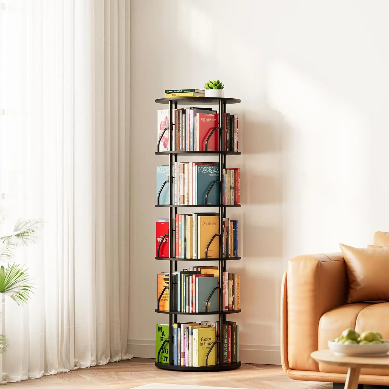 

5-Tier Rotating Bookshelf Tower, 360-Degree Spinning Bookcase, Space-Saving Revolving Shelf for Home Organization