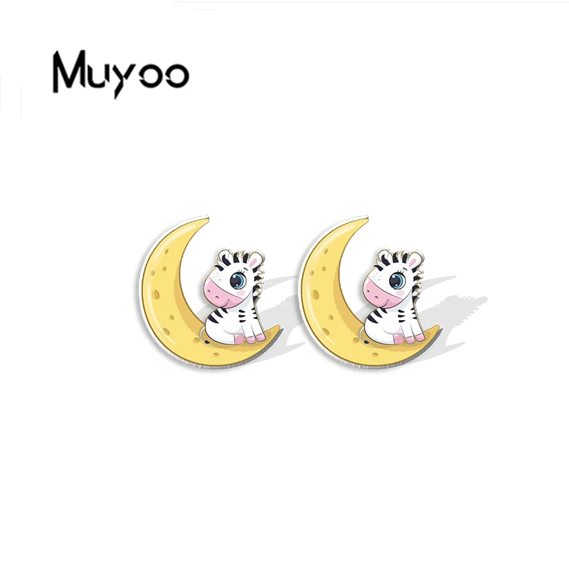 2023 New Fashion Cute Animals on the Crecent Moon Stainless Steel Stud Earrings Handcraft Epoxy Acrylic Earrings