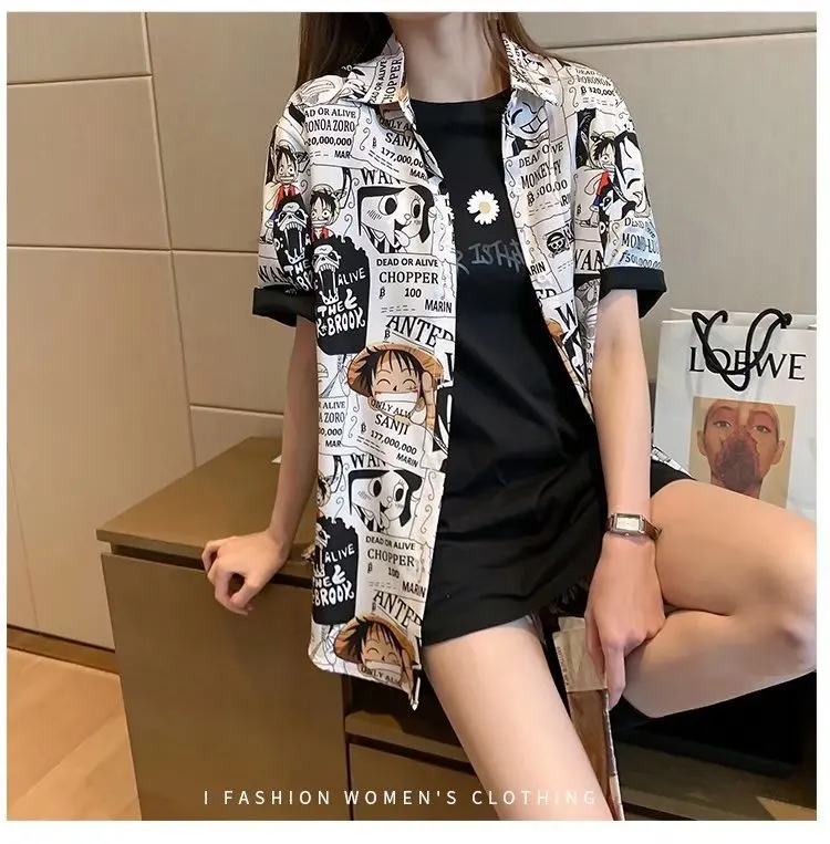 Summer Chiffon Shirt Loose and Thin Style Luffy Printed  Outside to Wear women\'s Short-sleeved Blouse