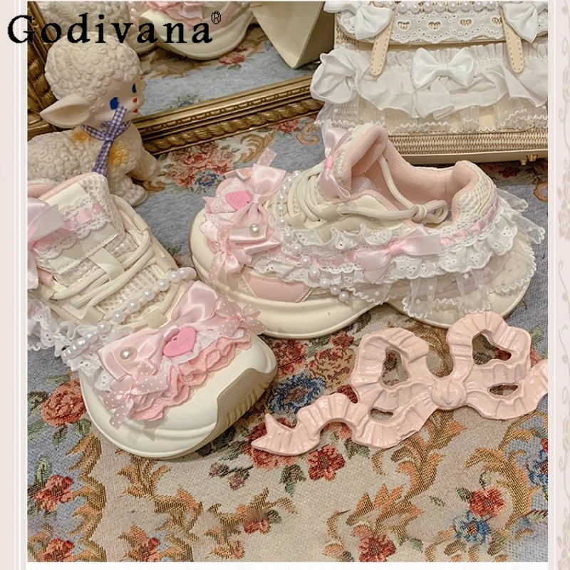 المرأة الارتفاع زيادة أحذية رياضية كاجوال الأصلي مقوس دانتيل اللؤلؤ الشريط أحذية الإناث لطيف الحلو سميكة سوليد لوليتا الأحذية