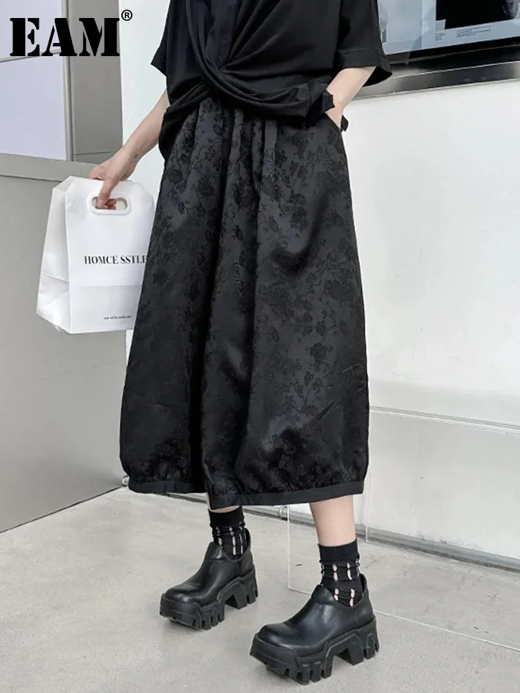 

[EAM] High Elastic Waist Black Jacquard Casual Wide Leg Pants New Loose Trousers Women Fashion Tide Spring Autumn 2024 1DH4384