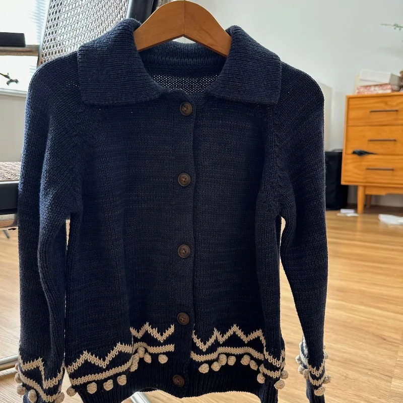 

Girls' Knitted Cardigan with Navy Blue Collar Sweater, Thick Coat, Knitted Sweater, Spring and Autumn, Winter New Style