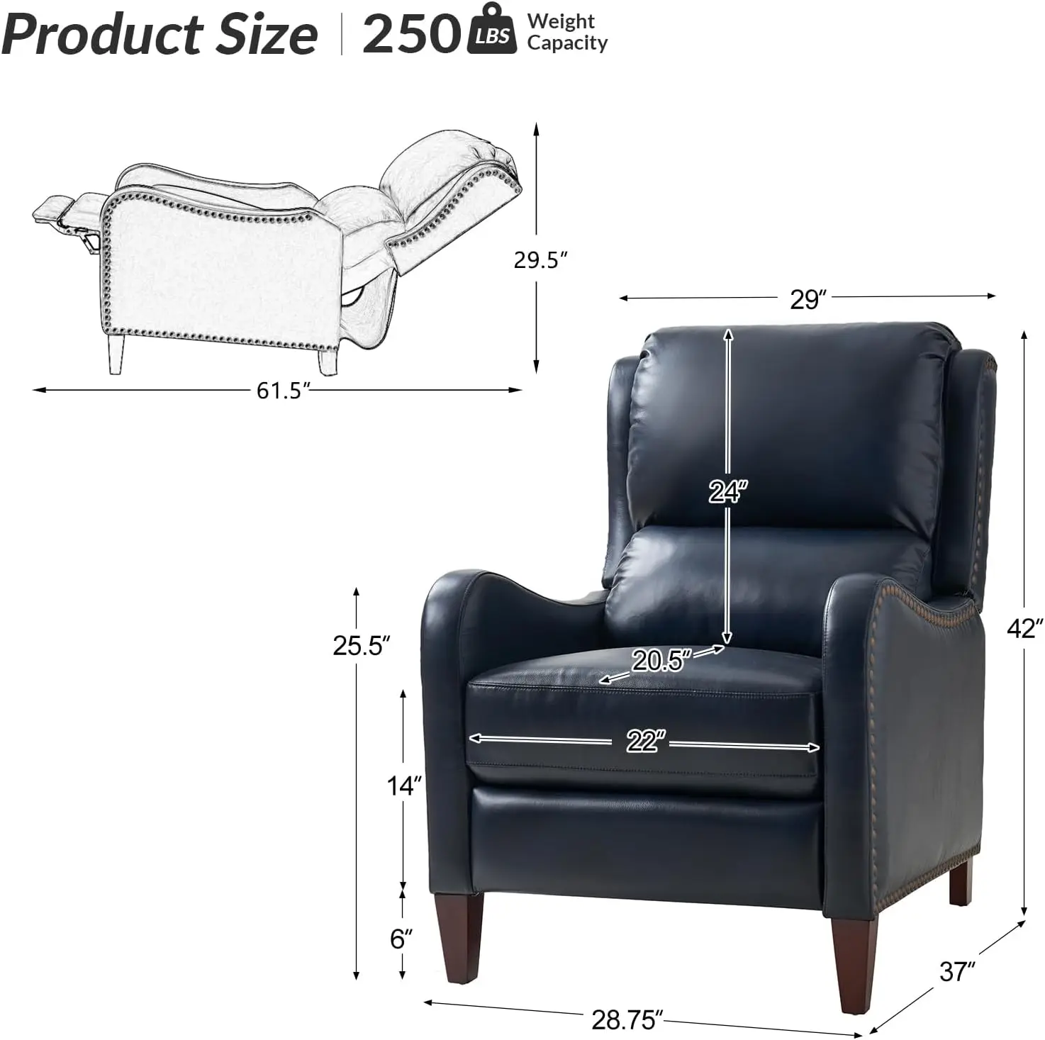 Leather Recliner Chair Set of 2 Modern Push Back Recliner Armchair with Adjustable Backrest & Footrest Comfy Single Sofa Navy