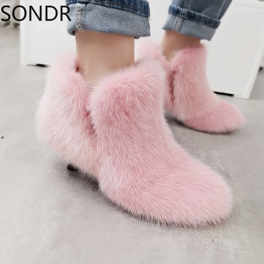 Womens Genuine Mink Fur Leather Furry Ankle Boots Stilettos High Heel Luxury Shoes Custom Made Candy 11 Color Australia