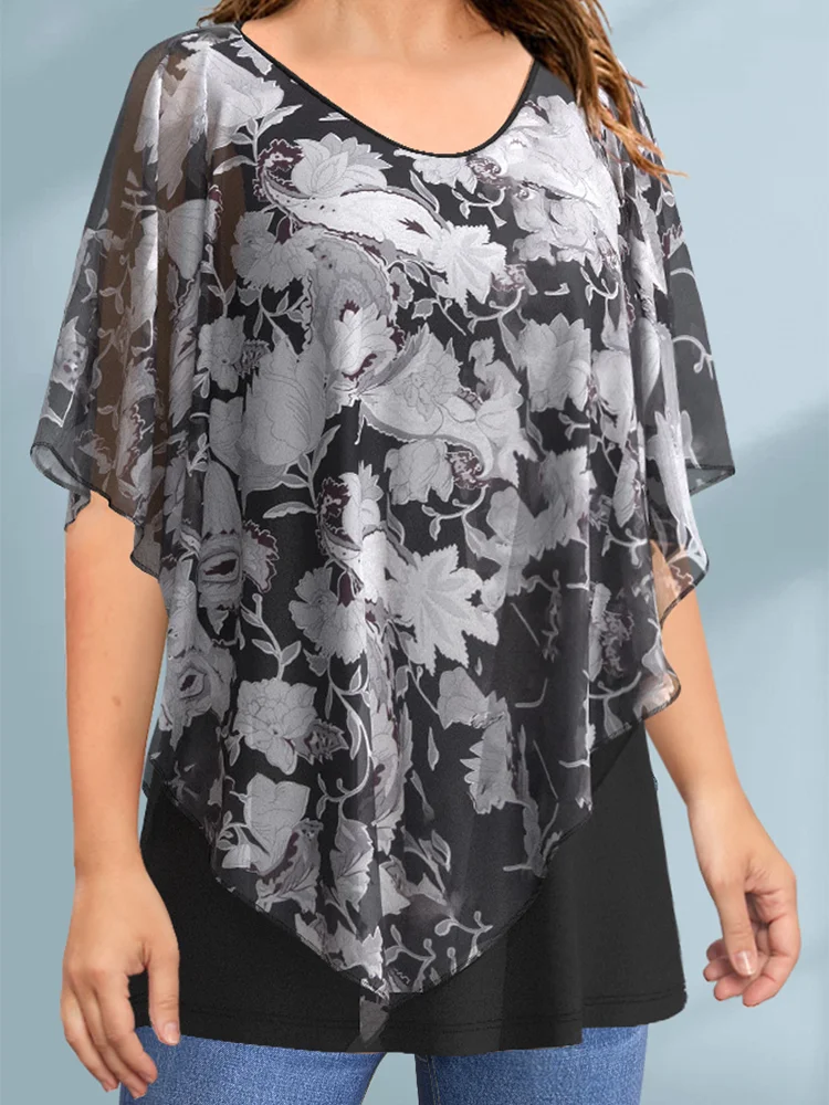 Plus Size Women Blouse Cloak Loose Casual Floral Print Ruffle Batwing Cape Sleeve Tee Top Medium Stretch Women Shirt Top