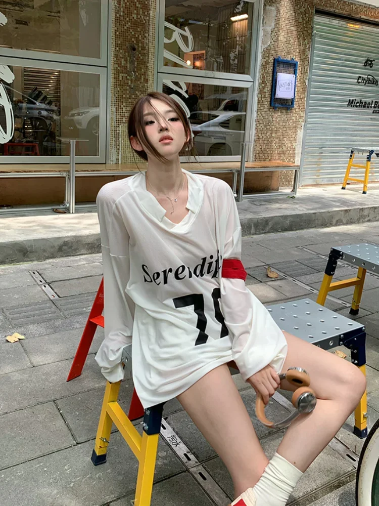 ADAgirl White Letter Print Long Sleeve T-shirts for Women Harajuku Vintage Summer Oversized Streetwear Korean Fashion Clothes