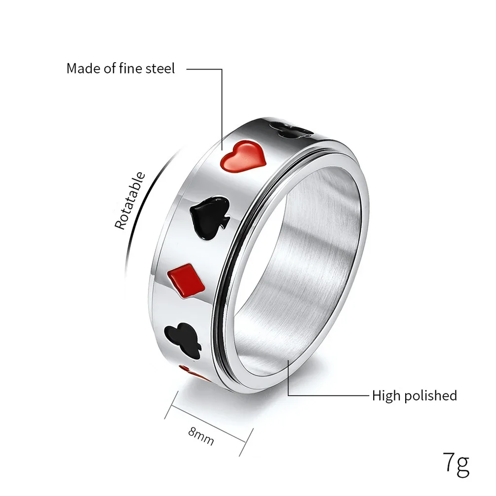 التيتانيوم الفولاذ المقاوم للصدأ الآس البستوني بوكر تململ سبينر أوراق اللعب القمار الفرقة الرجال النساء الأحمر القلب نادي خواتم الماس #5