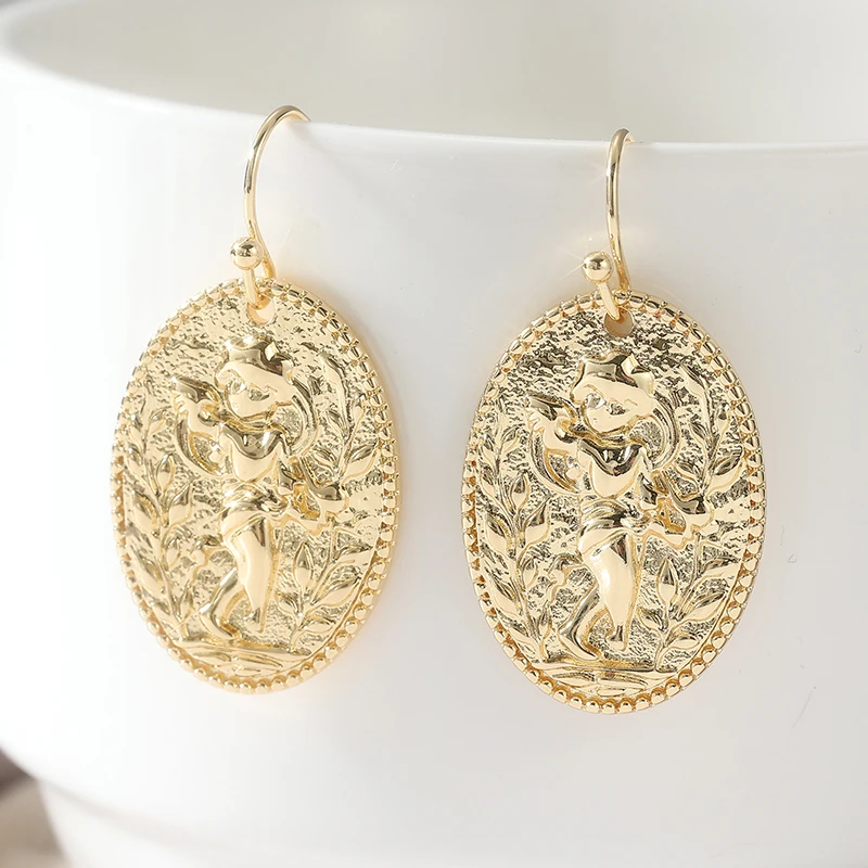 Bohemian Style Angel Pattern Golden Plated Pendant Earrings for Women Vintage Exquisite Festival Celebration Jewelry Accessories