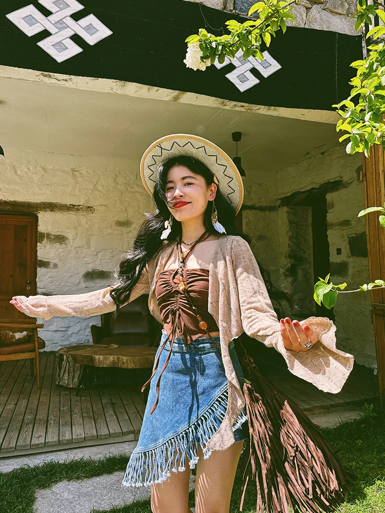 

Защита от солнца вязаный кардиган женский с тонким поясом и верхней одеждой с узлом V-ne Long Sve Color