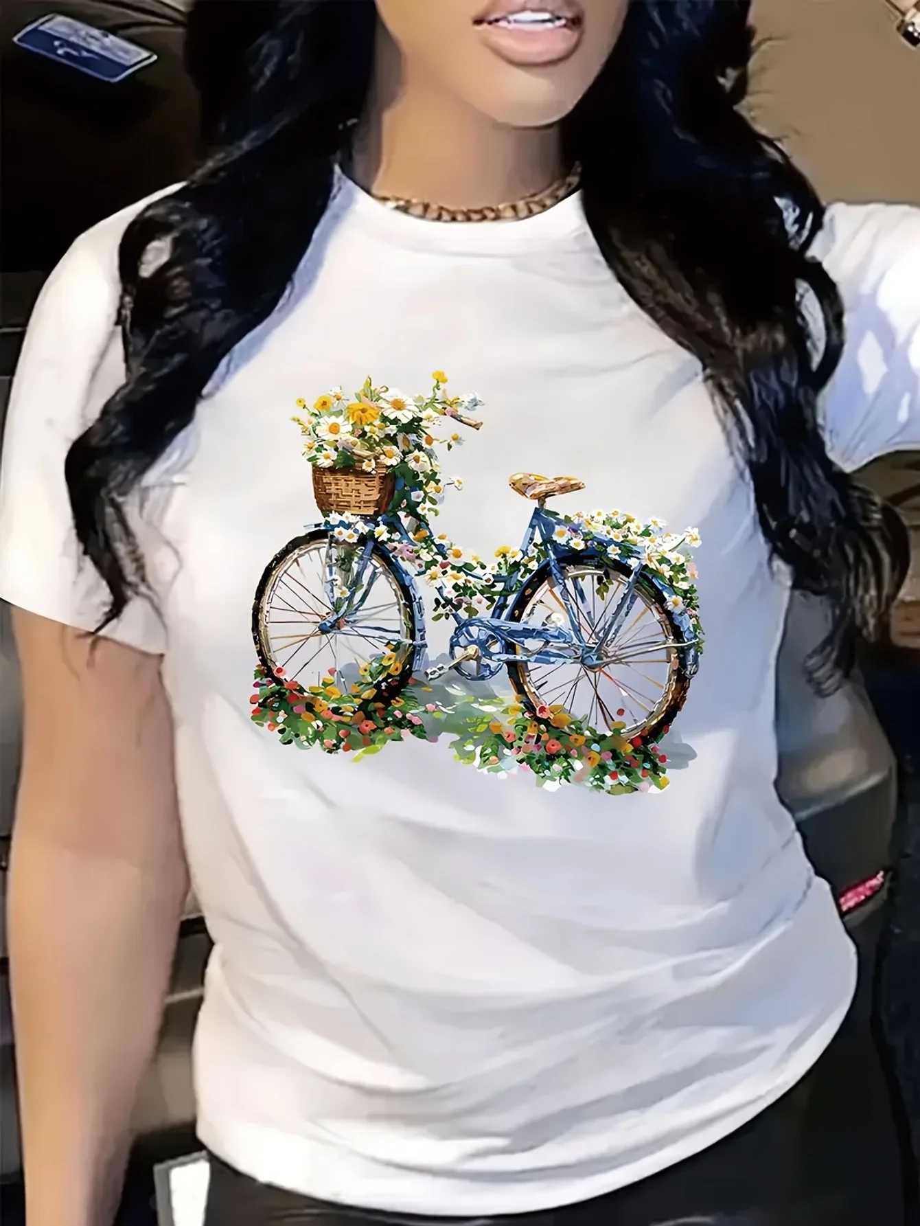 Women's Floral Bicycle Print Round Neck Sleeve with Vibrant Geometric Design Semi-Sheer Fabric Regular Fit for Spring