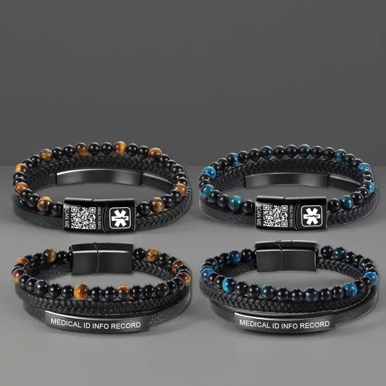 Natural Tiger Eye Stone Medical ID Bracelet Men Braided Genuine Leather Wristband Custom QR Code Emergency Alert Health Jewelry view 6