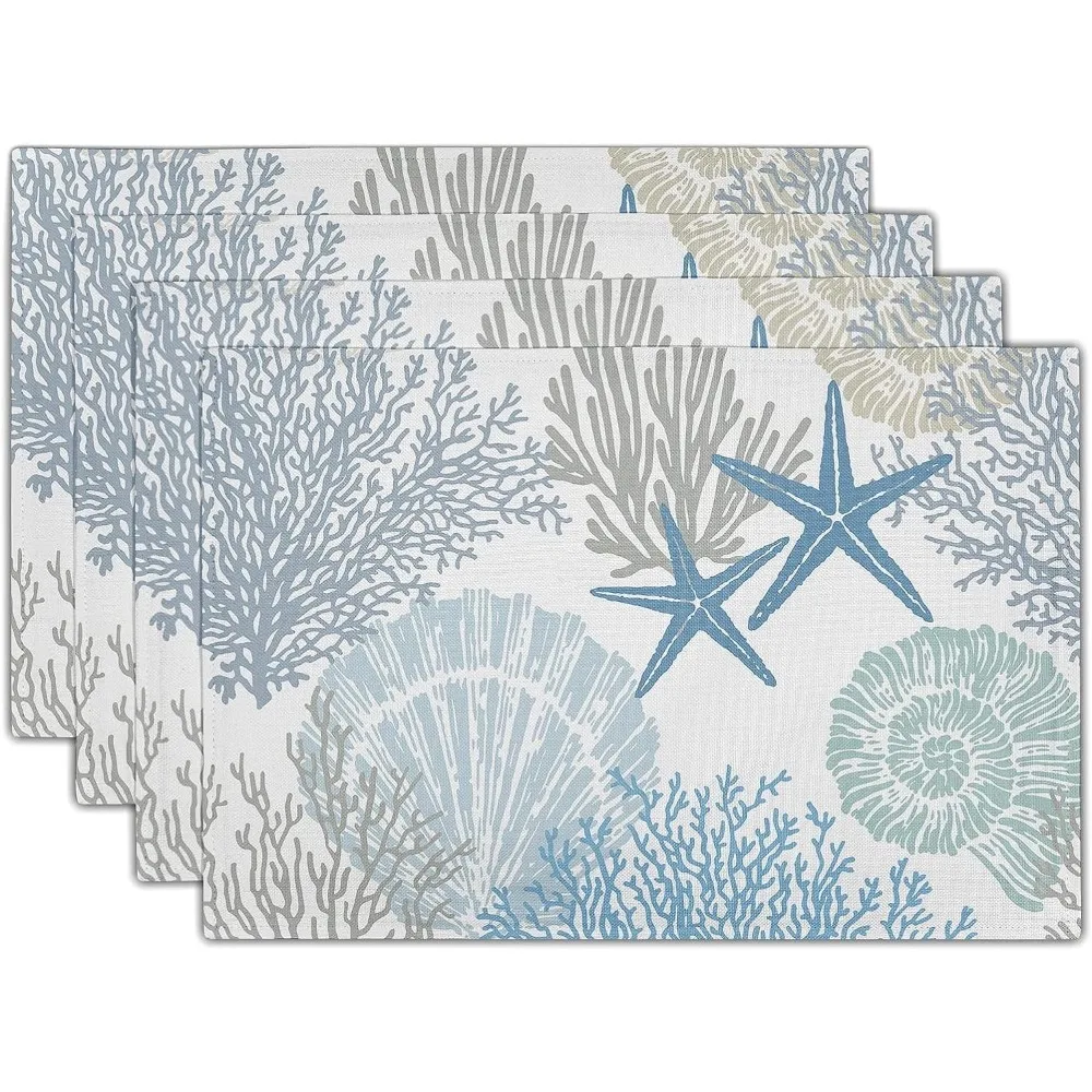 Nautical Placemats Set of 4 Starfish Beach Theme Ocean Seashell Washable Non-Slip Heat Resistant 12×18 Inch Linen Table Mat