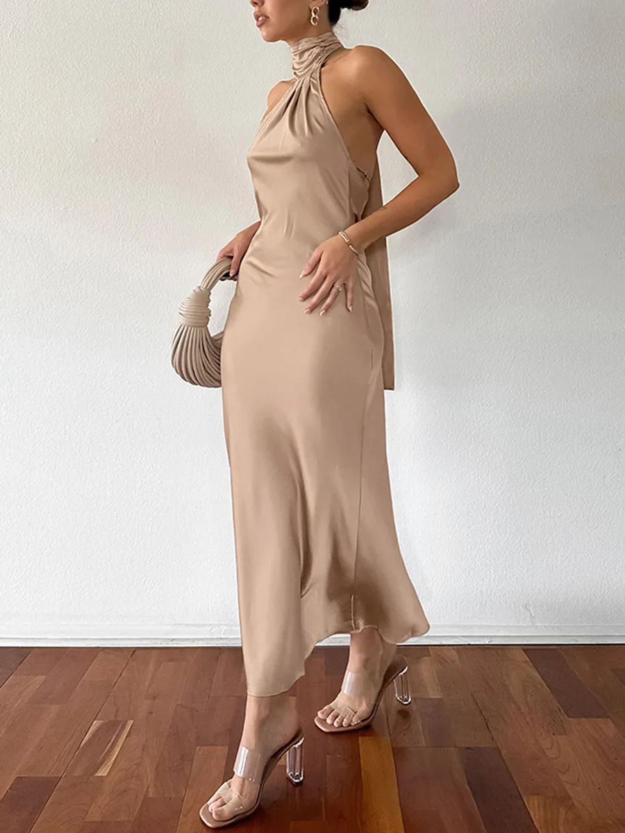 セクシーな背中見せロングイブニングドレス、女性用、ハンギングネック、ノースリーブ、ハイウエスト、ストリートスタイル、Vネック、ジッパー開閉、H型、ポリエステル素材