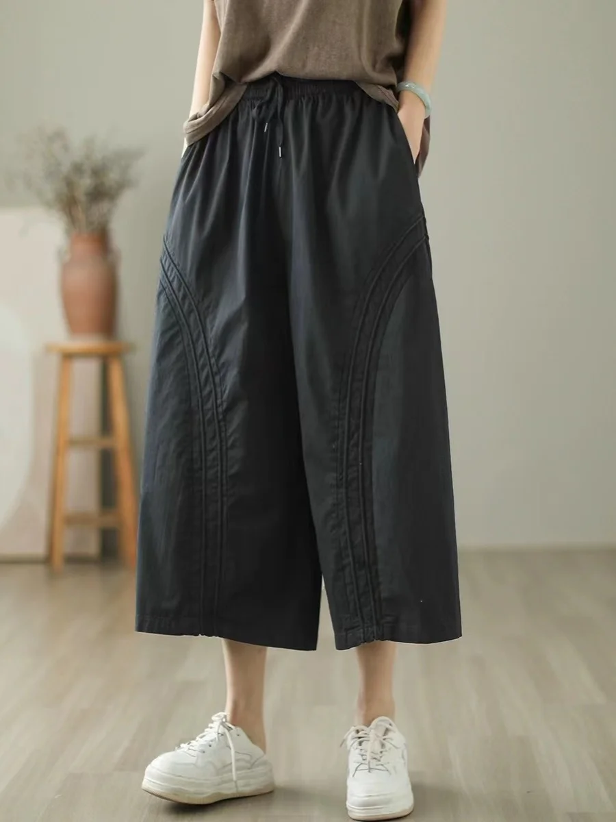 

Художественные повседневные хлопковые брюки с высокой талией, широкие брюки, девять очков, женская одежда, простые свободные брюки с поясом