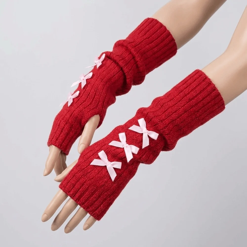 Slouchy Bow Knitted Arm Warmers Long Windproof Y2K Fingerless Gloves Stacked Warm And Comfortable Sleeve Covers Autumn