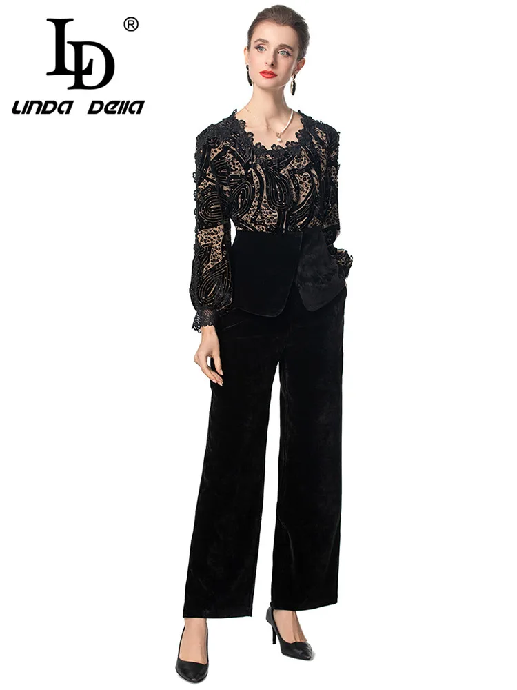 LD LINDA DELLA Autumn and Winter Women\'s Suit Lace Splicing Lantern Sleeved Top+Wide leg pants Black/Red High Street 2 piece set