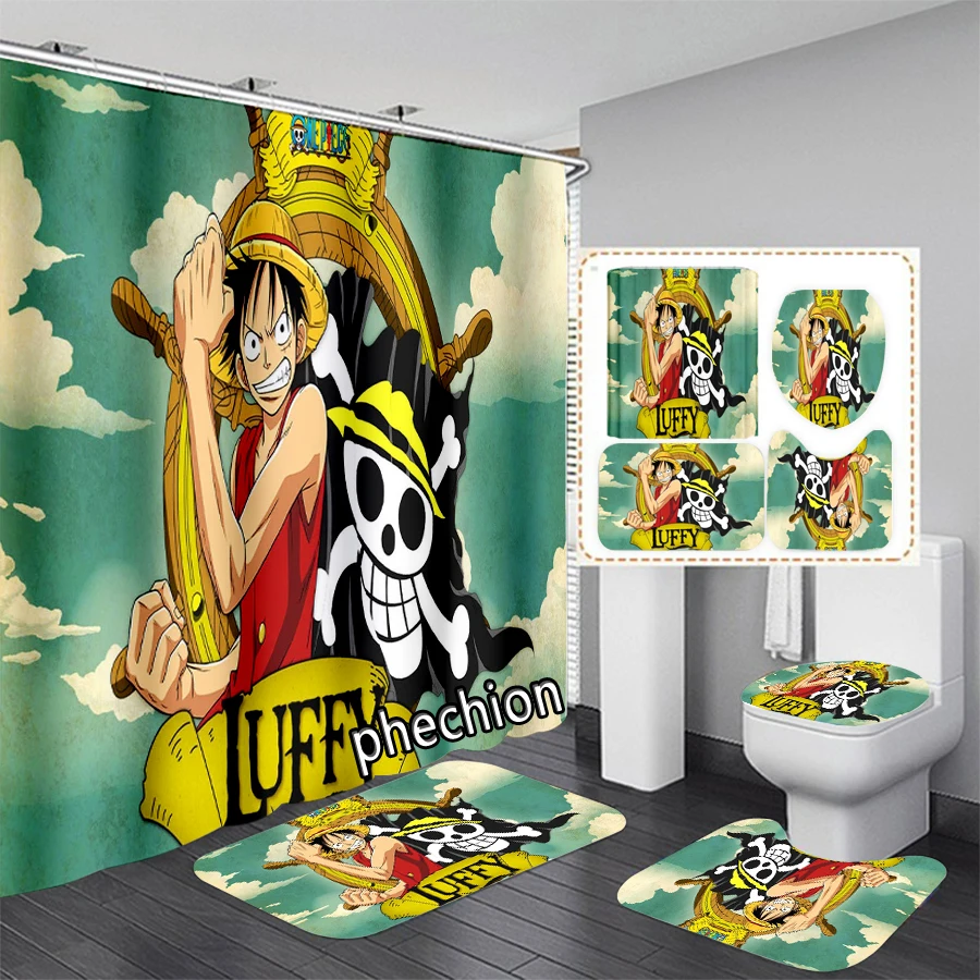 New Anime One Piece 3D Print Shower Curtain Waterproof Bathroom Curtain Anti-slip Bath Mat Set Toilet Rugs X33