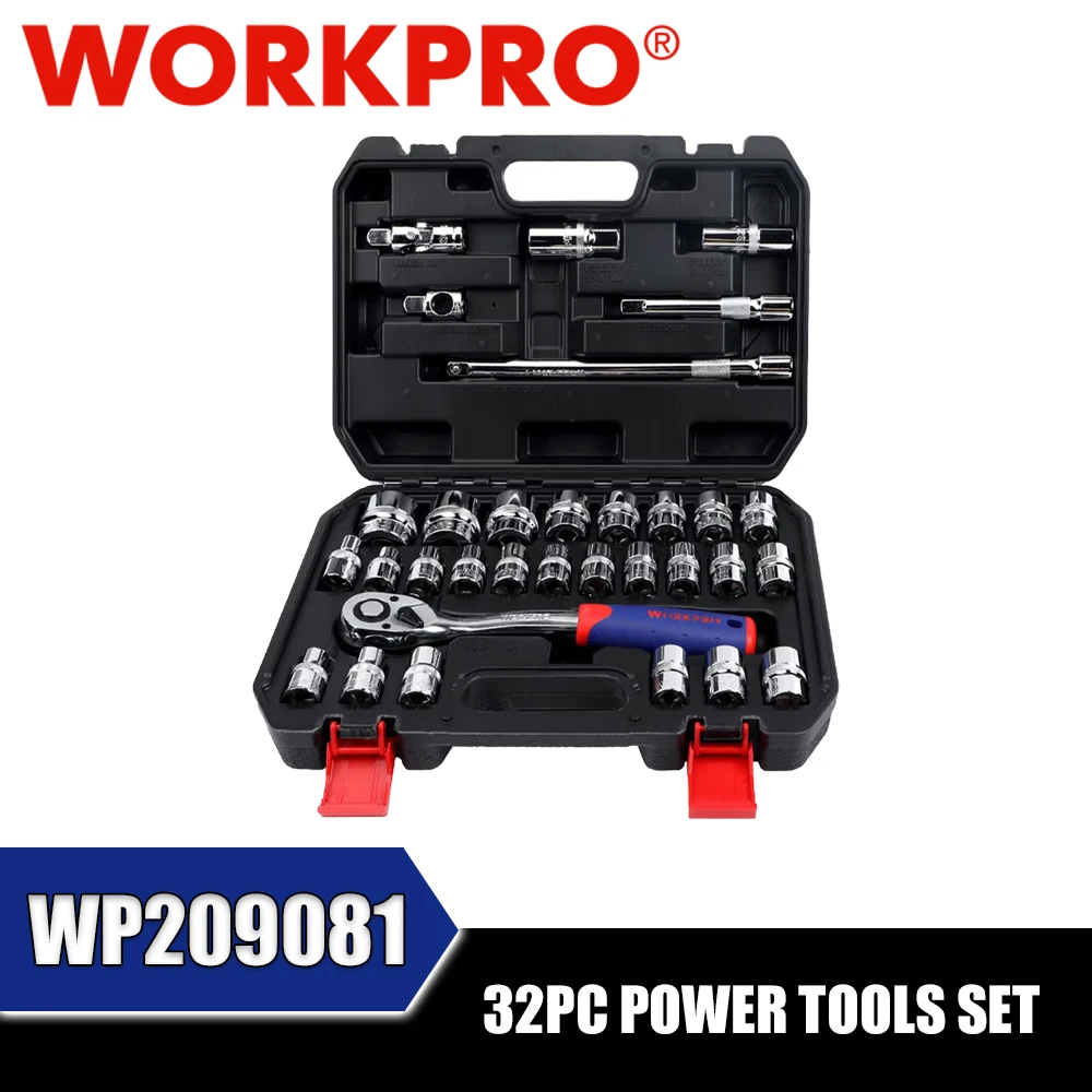 WORKPRO WP209081 32PC Power Tools Set Universal Joint Ratchet Spanner Extension Bar Socket