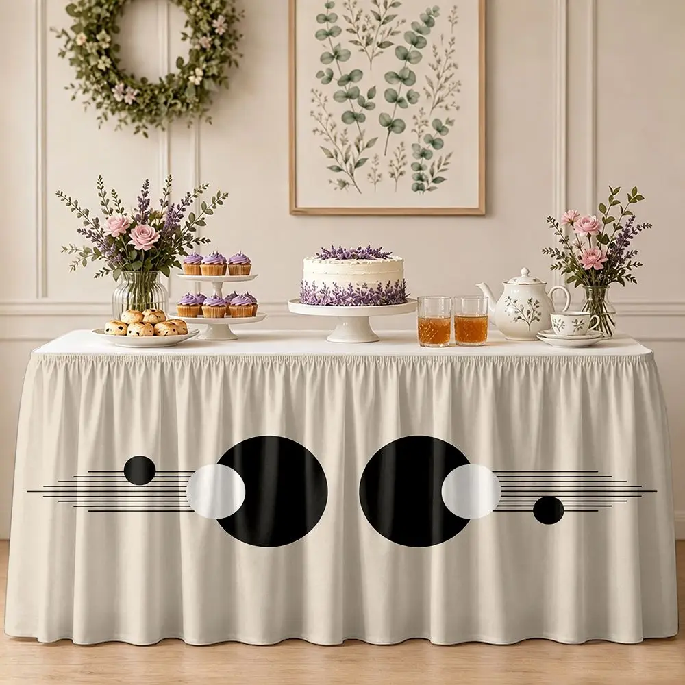 One-piece party table skirt decoration - Abstract geometric circular line pattern printed ruffled edge table skirt