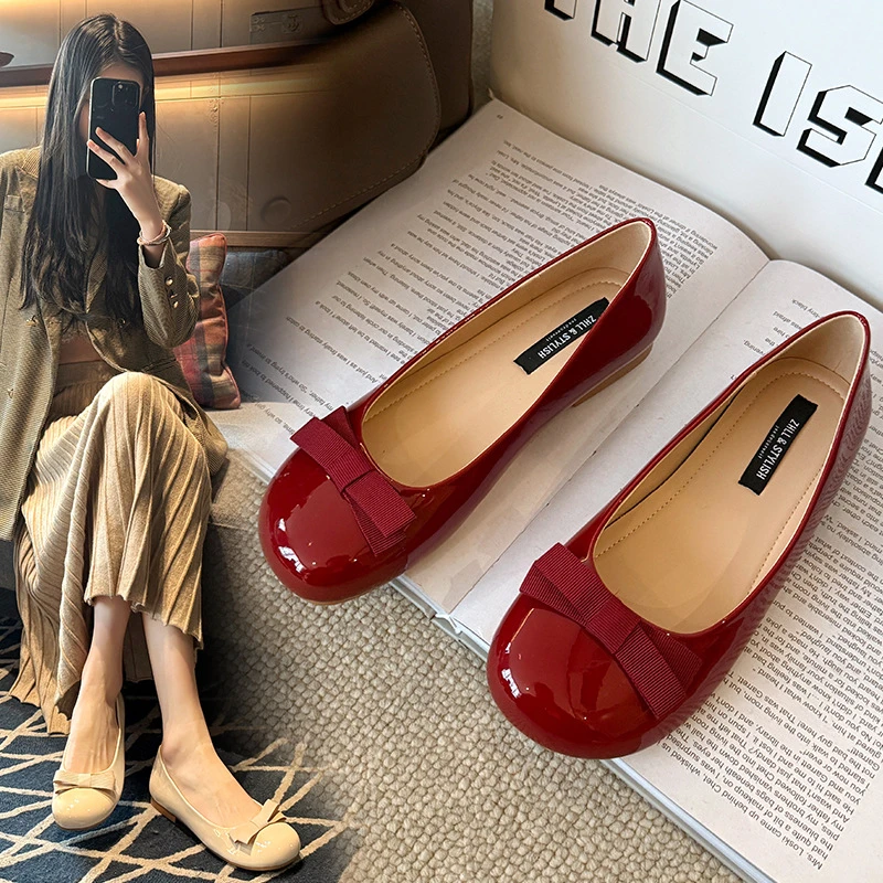 

Womens Black Patent Leather Round Toe Wedge Heel Ballet Flats With Bow Comfortable Office Work Daily Wear Casual Shoes New