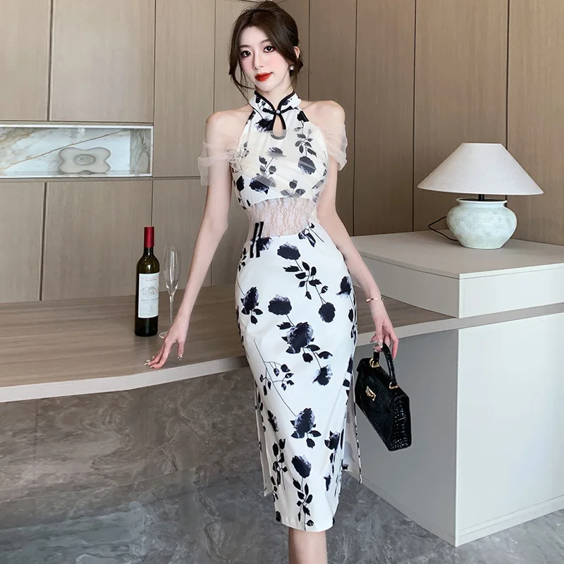 Women Hollow Lace Perspective Qipao Chinese Mandarin Collar Cheongsam Summer Sexy Sleeveless Split Dress Elegant Vestidos